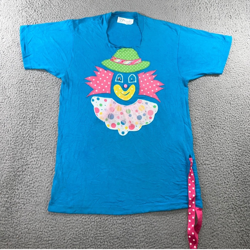 Vtg Clown Kidcore‎ T Shirt M Applique Polka Dot Ribbon Tie Funky Pop Art Unisex